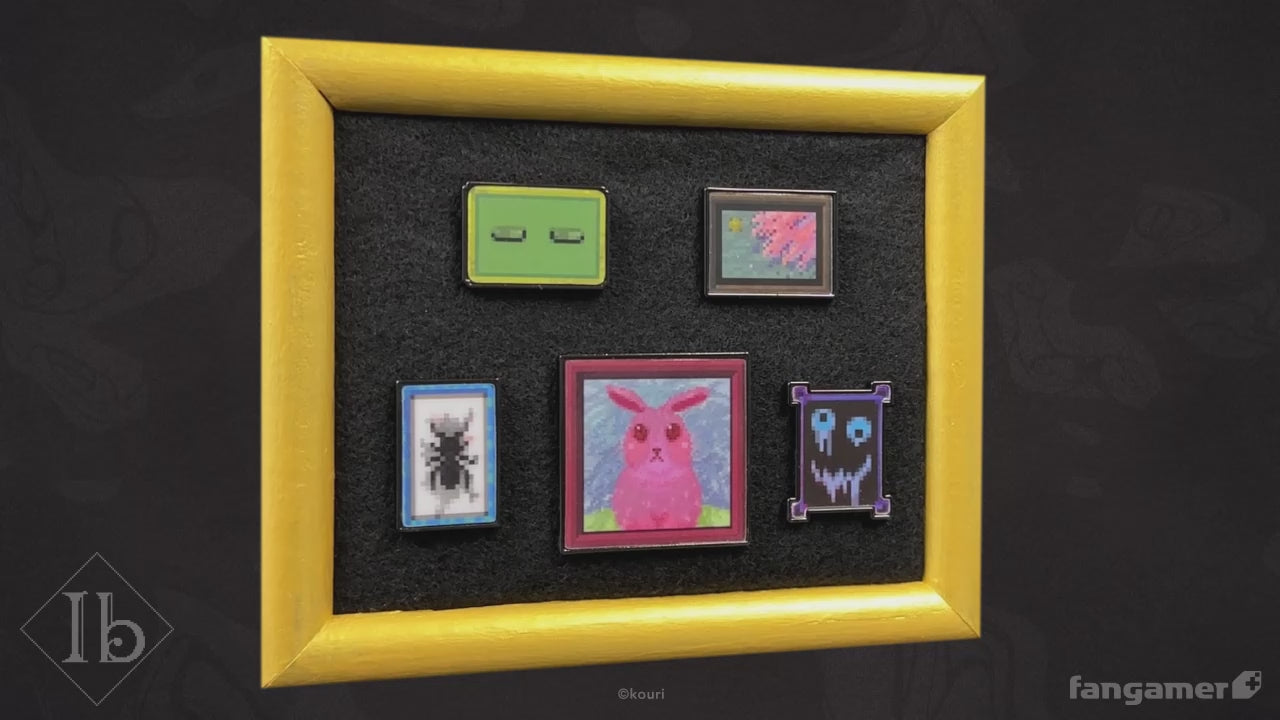 A set of five Ib lenticular pins in one of their two states. There’s an insect that becomes a hole at the center of the frame, a bloody red face that turns blue, a pair of closed eyes that opens, an abstract space image, and a pink bunny that becomes a blue doll. They're photographed inside a yellow frame, which is moving in this video to show the way they change between two images.