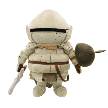 The official Siegmeyer plush against a transparent background, showing its magnetically attached plush sword and elastic-banded plush shield accessories.