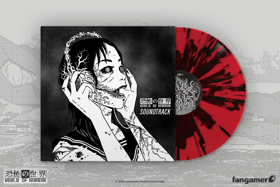 The World of Horror soundtrack vinyl against a pixel-art background. On the cover, a zombified woman in a schoolgirl outfit is clutching a pair of over-ear headphones that have grown through her arm and are laying down roots through her hair. The vinyl is red with a black splatter.  - World of Horror Vinyl Soundtrack - World of Horror