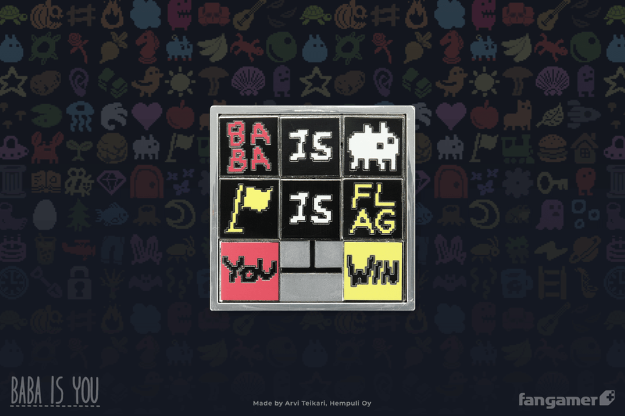 A closeup of Baba Is Pin showing that it's a real sliding block puzzle. Starting at the top left, the squares currently read BABA, IS, (Baba), (Flag), IS, FLAG,  YOU, blank, WIN. It's floating in front of a pattern of Baba Is You icons.  - Baba Is Pin - Baba Is You