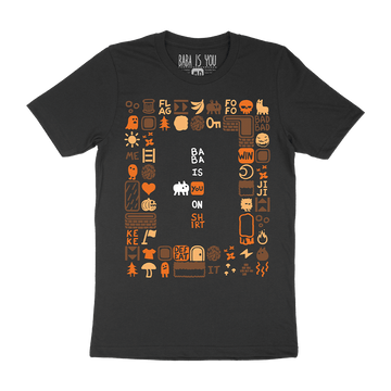 A mockup of the Baba Is Shirt t-shirt, featuring autumnal orange and brown images from the game as Baba prepares to push aside the You in a set of tiles reading "Baba Is You On Shirt." 