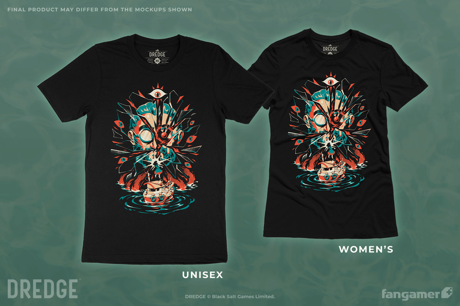 A black shirt with a stylized depiction of The Collector from DREDGE floating over a small boat. His face sppears projected on shards of glass and surrounded by red eyes. Unisex and women's sizes are shown.  - Shattered Collector - DREDGE