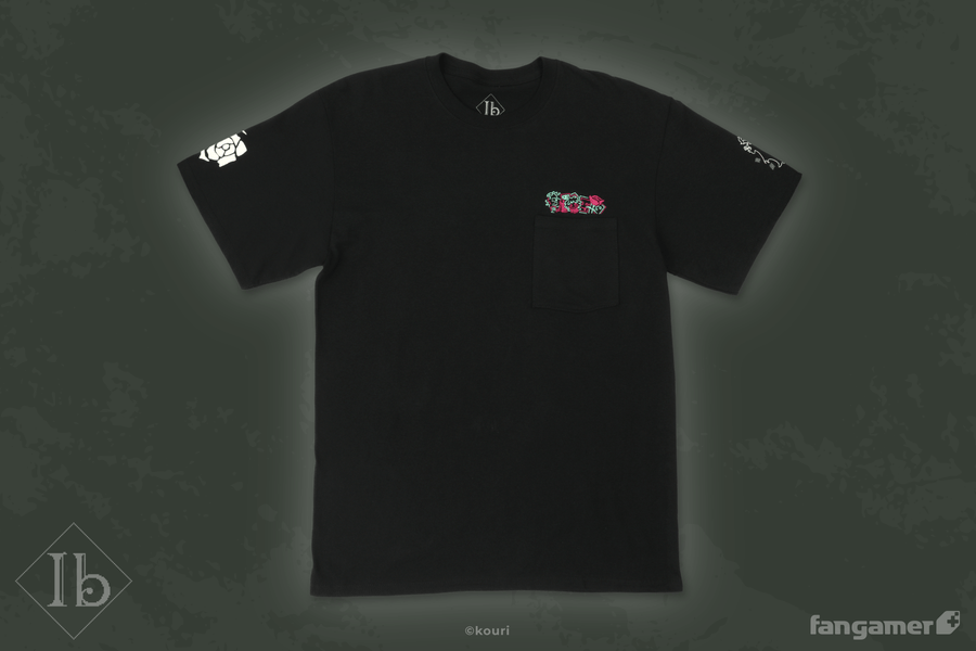 An isolated image of the Ib Lost and Found pocket t-shirt showing just-visible rose and Ib/Garry sleeve prints as well as the embroidered over-pocket design. It's glowing subtly against an abstract green-gray background. - Lost and Found Pocket Tee - Ib