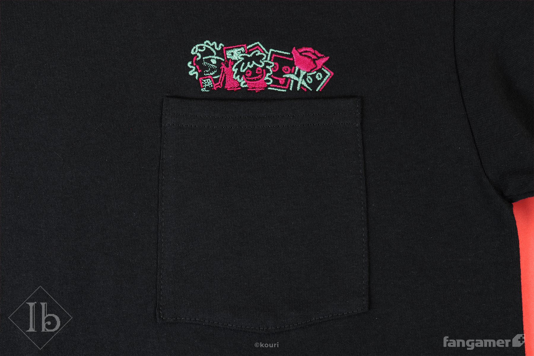 A closeup of the Lost and Found pocket t-shirt's over-pocket design. It's a green and pink-red embroidery showing stylized depictions of various Ib portraits, as well as the doll and the rose. 